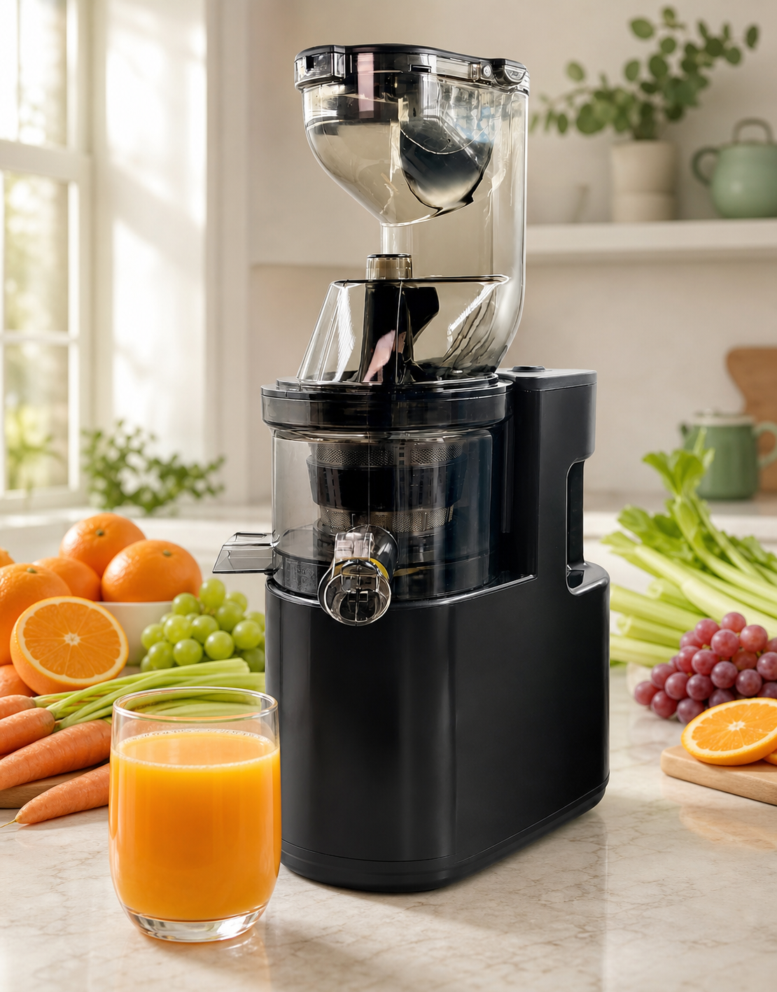 PurePress Pro wide-feed cold press juicer in a bright modern kitchen