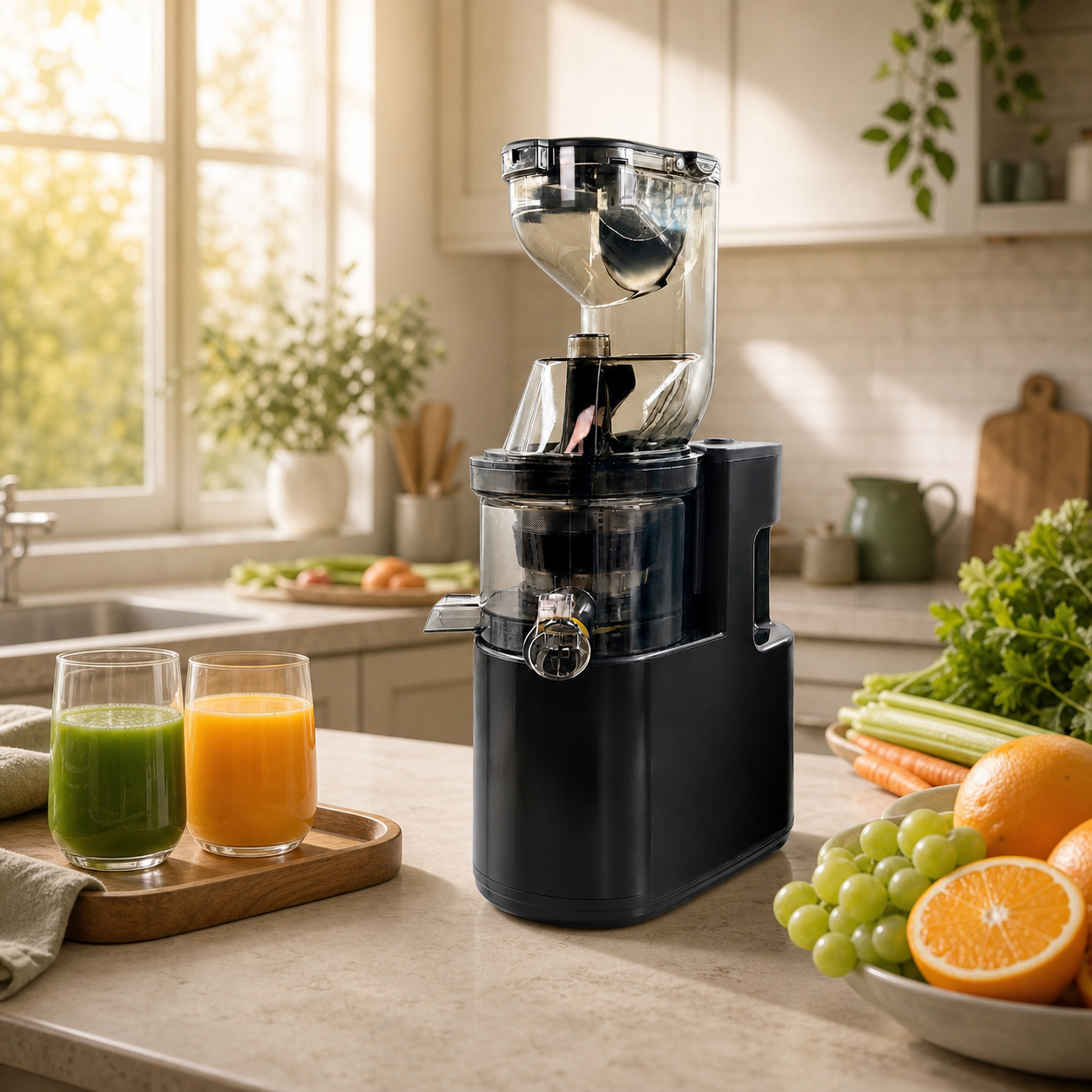 PurePress Pro cold press juicer in a calm morning kitchen