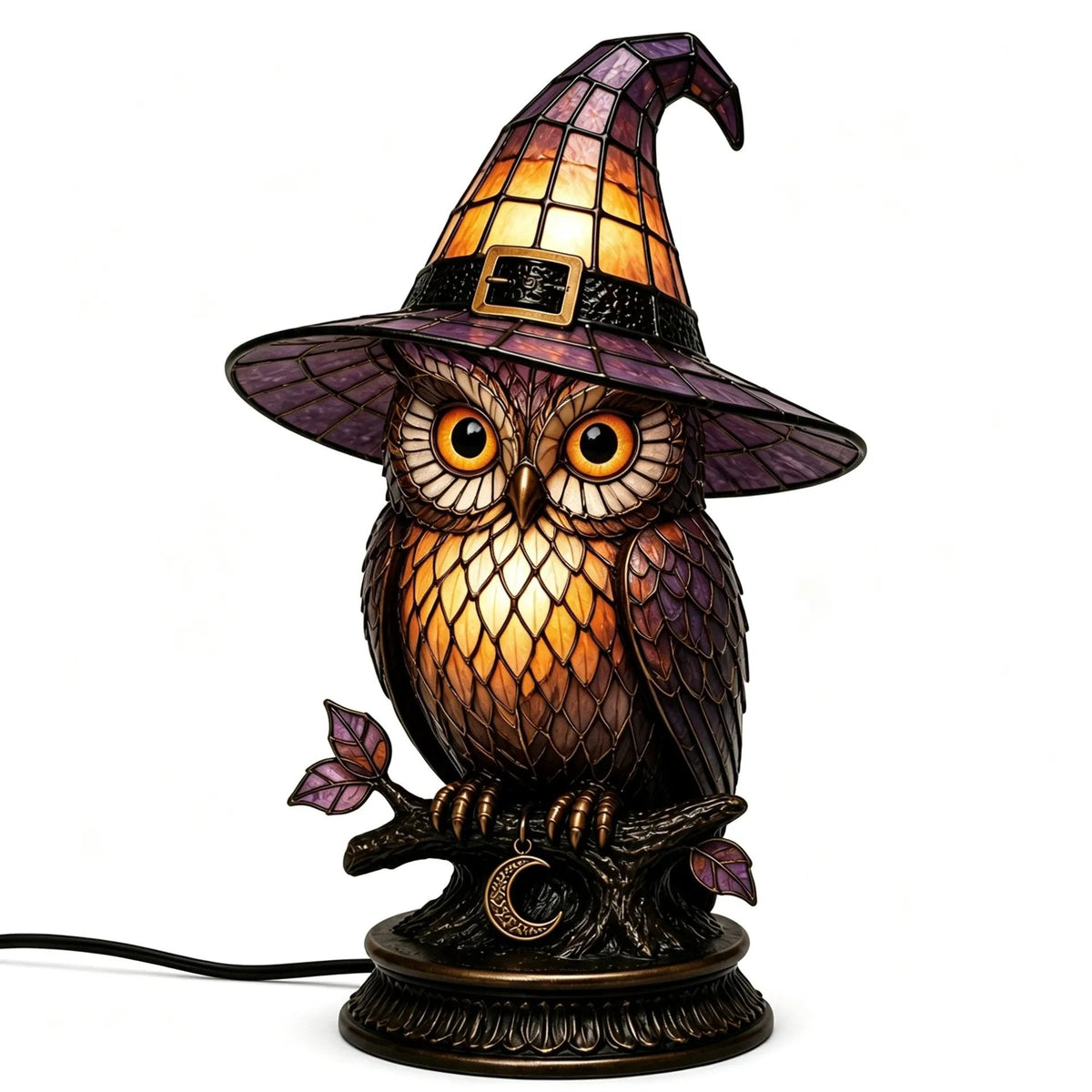 π Gothic Stained Glass Witch Black Cat Table Lamp | Halloween Witch Hat Night Light Decor