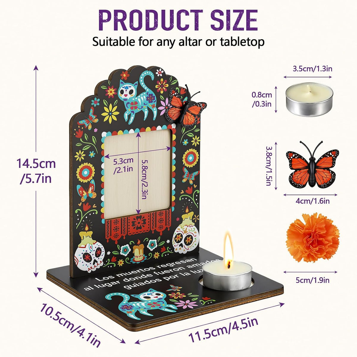 Día de los Muertos Complete Ofrenda Altar Kit – 10 Wooden Photo Frames with Marigolds & Accent Decor
