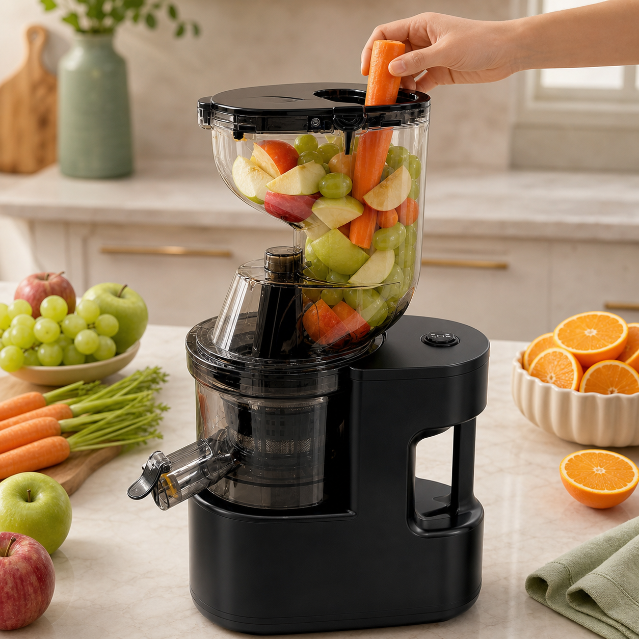 PurePress Pro wide feed hopper with fresh fruit and carrots