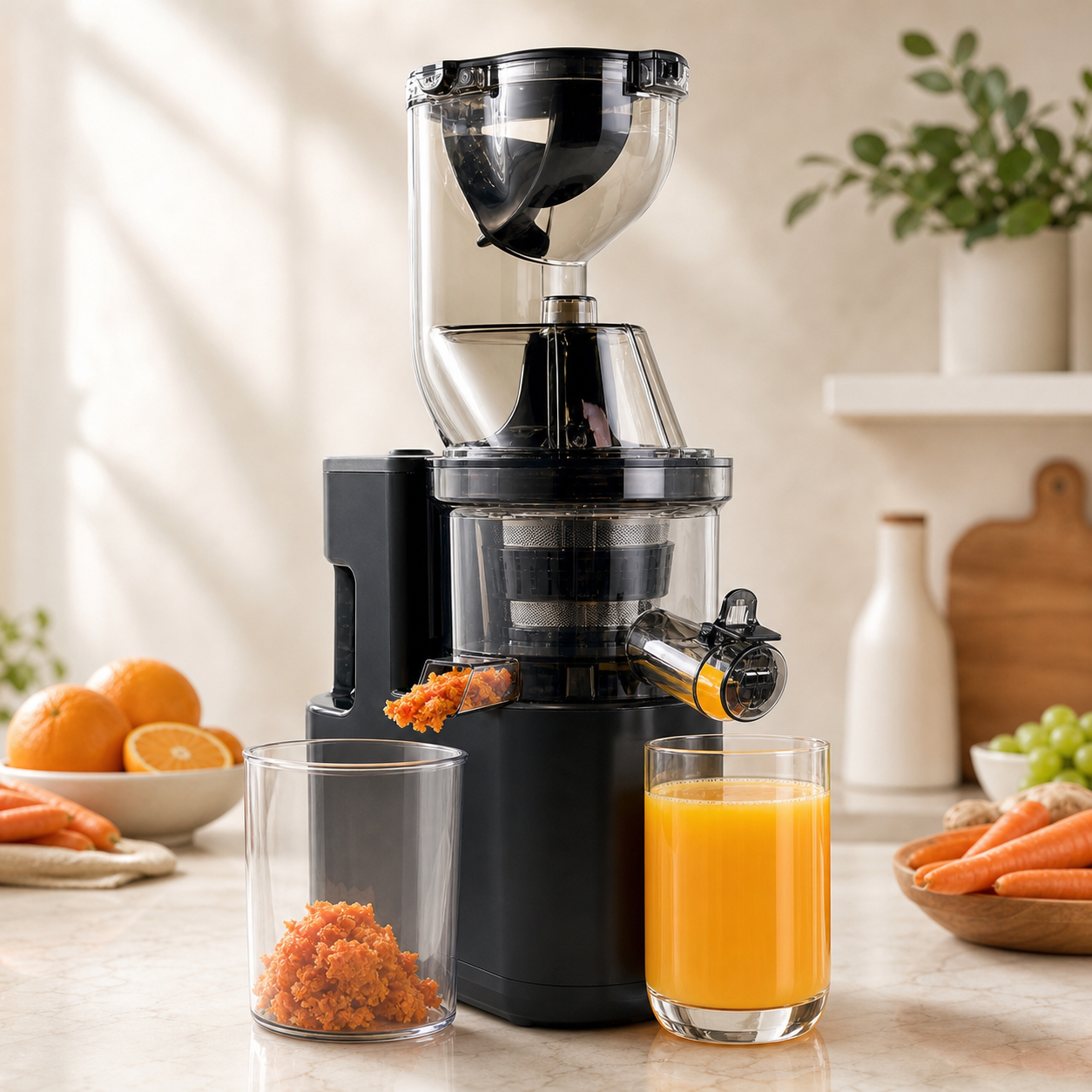 PurePress Pro separating fresh juice and pulp into two containers