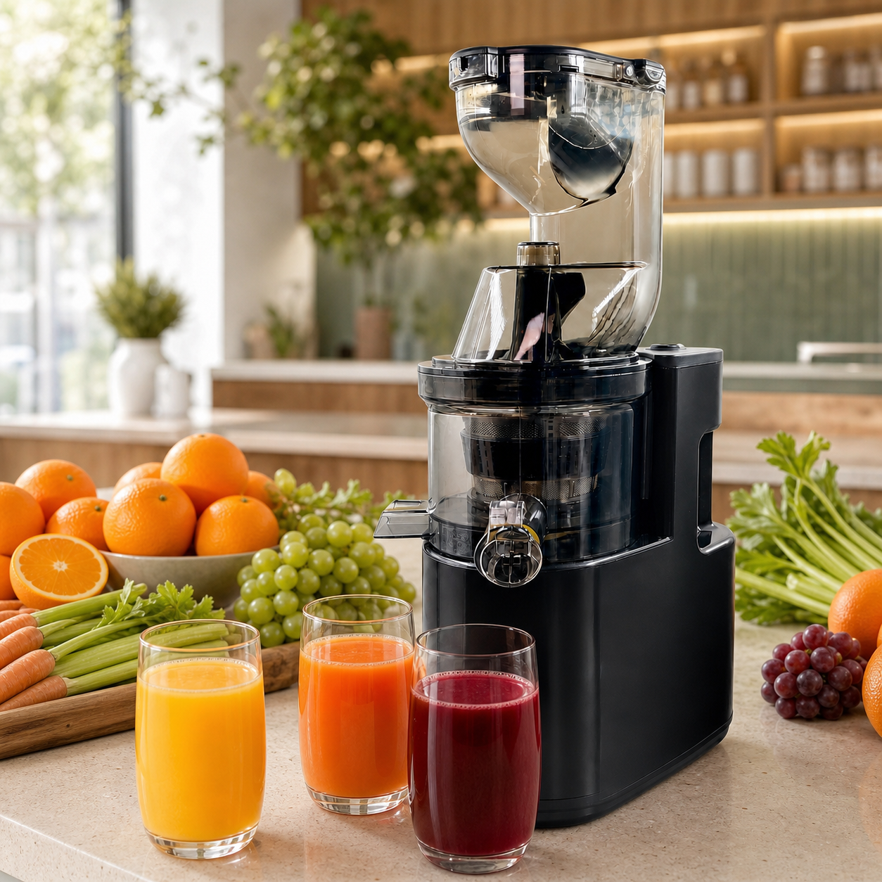 PurePress Pro juicer with fresh juice glasses in a compact juice counter