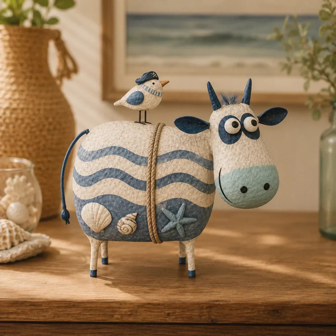 Whimsical Cow & Bird Folk Art Figurine