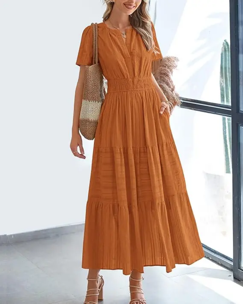 Womens Summer Lightweight Short Sleeve V Casual Midi Maxi Dresses