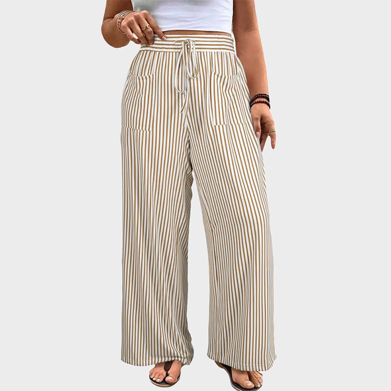 Women's Plus Size Elastic High Waist Wide Leg Pants Striped Casual