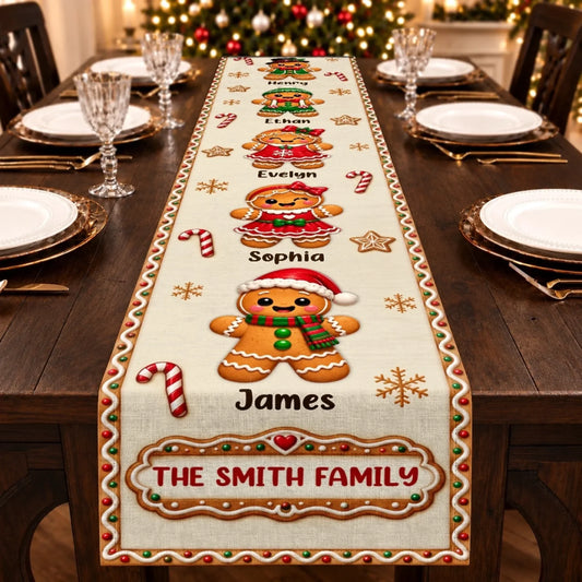Custom Gingerbread Table Runner - Personalized Christmas Birthday Gifts For Mom, Dad, Brother, Sister - Merry Hearts Gather Here