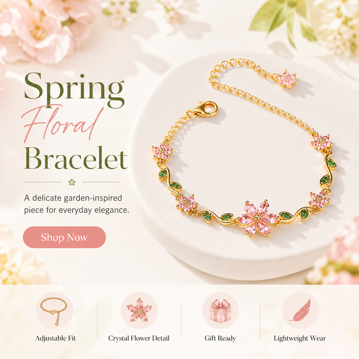 🩵🍃🌸Blooming Sakura Crystal Flower Bracelet – Elegant Floral Jewelry for Women