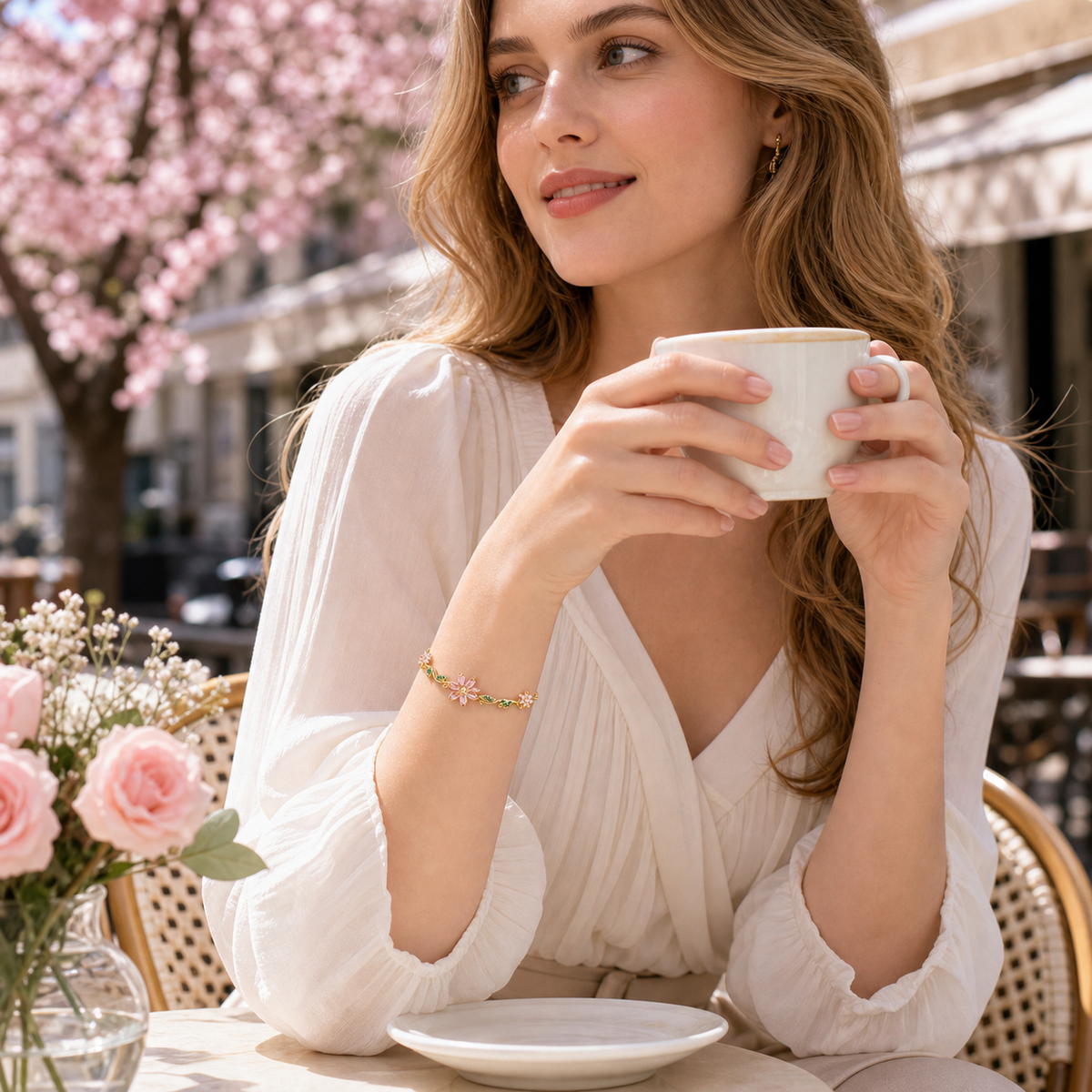 🩵🍃🌸Blooming Sakura Crystal Flower Bracelet – Elegant Floral Jewelry for Women