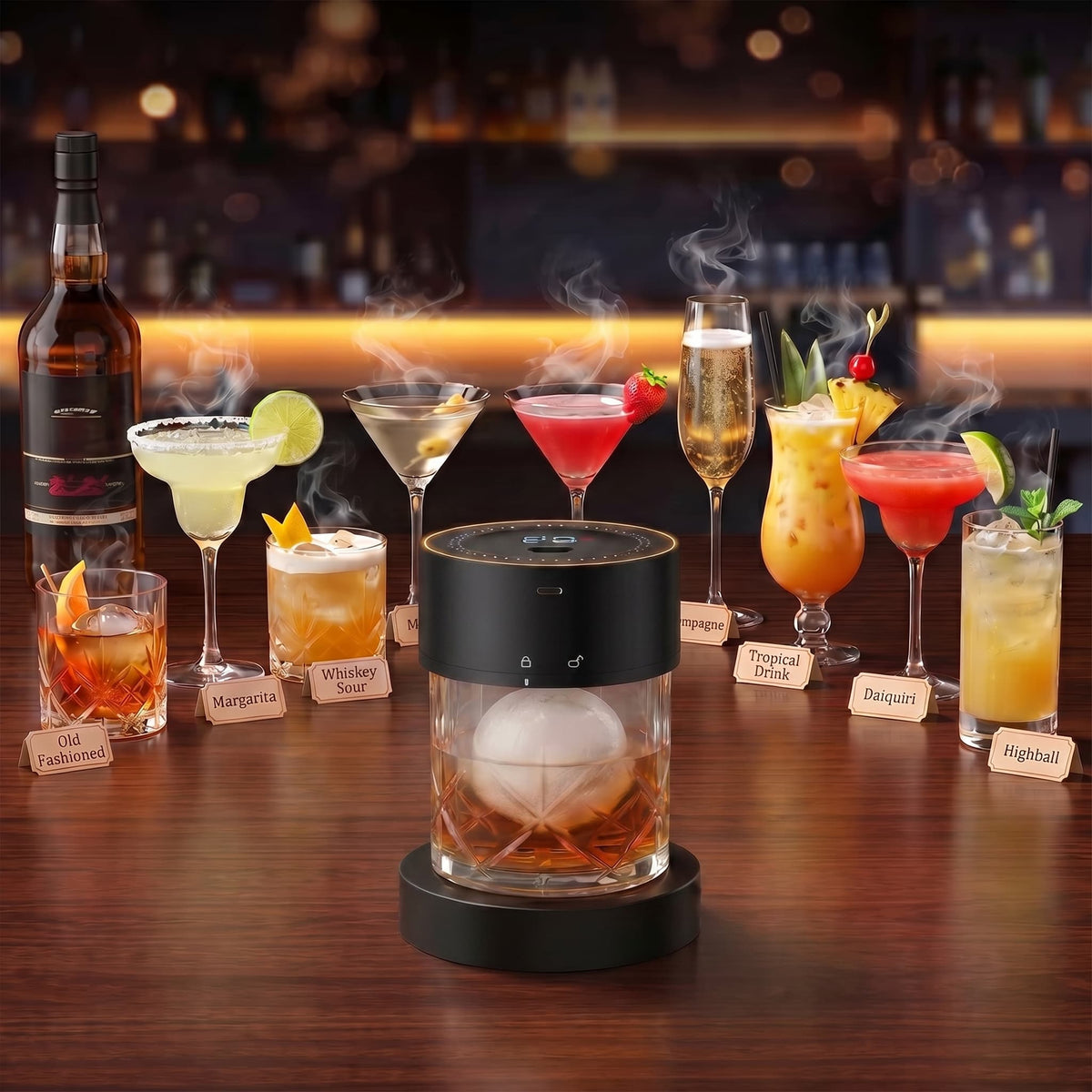 Cocktail smoker with a selection of cocktails