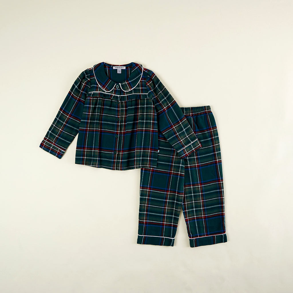 Green Tartan Plaid Flannelette Ruffled Pajama Set