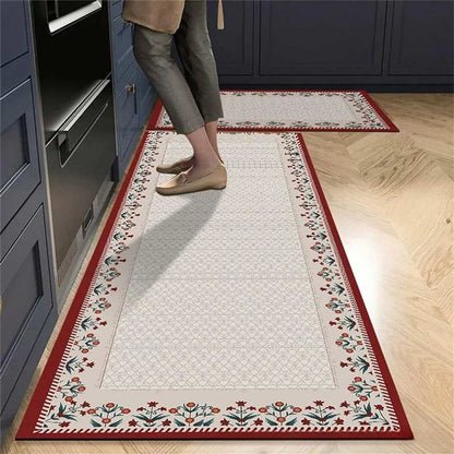 Red Flower Tile Kitchen Rug