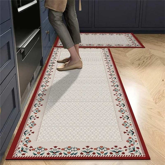 Red Flower Tile Kitchen Rug