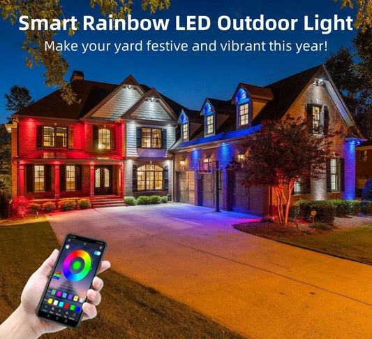 Smart permanent outdoor LED lights lighting a house in red, blue and white, controlled from a phone app