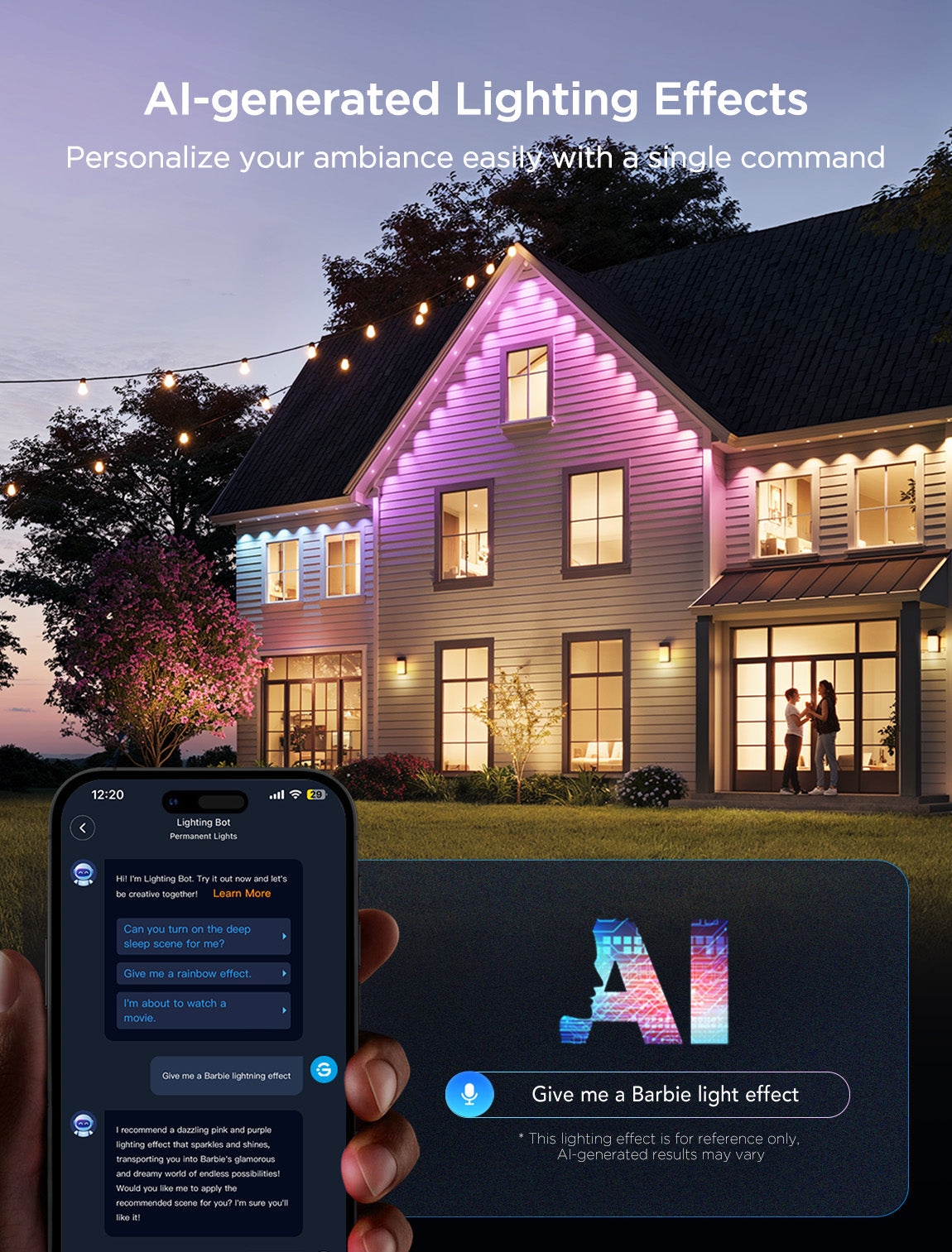 AI-generated lighting effects showcasing permanent outdoor Christmas lights illuminating a festive atmosphere.