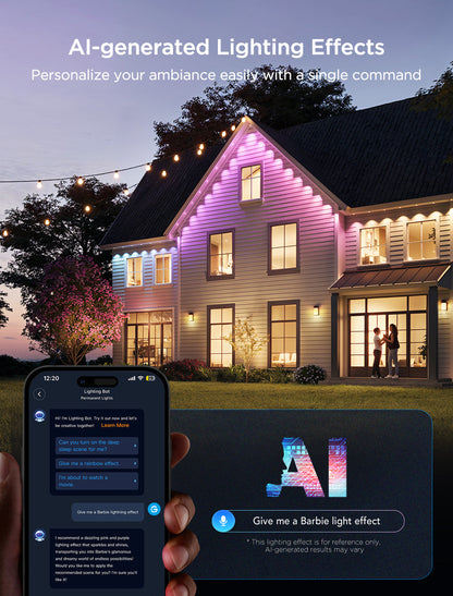 AI-generated lighting effects showcasing permanent outdoor Christmas lights illuminating a festive atmosphere.