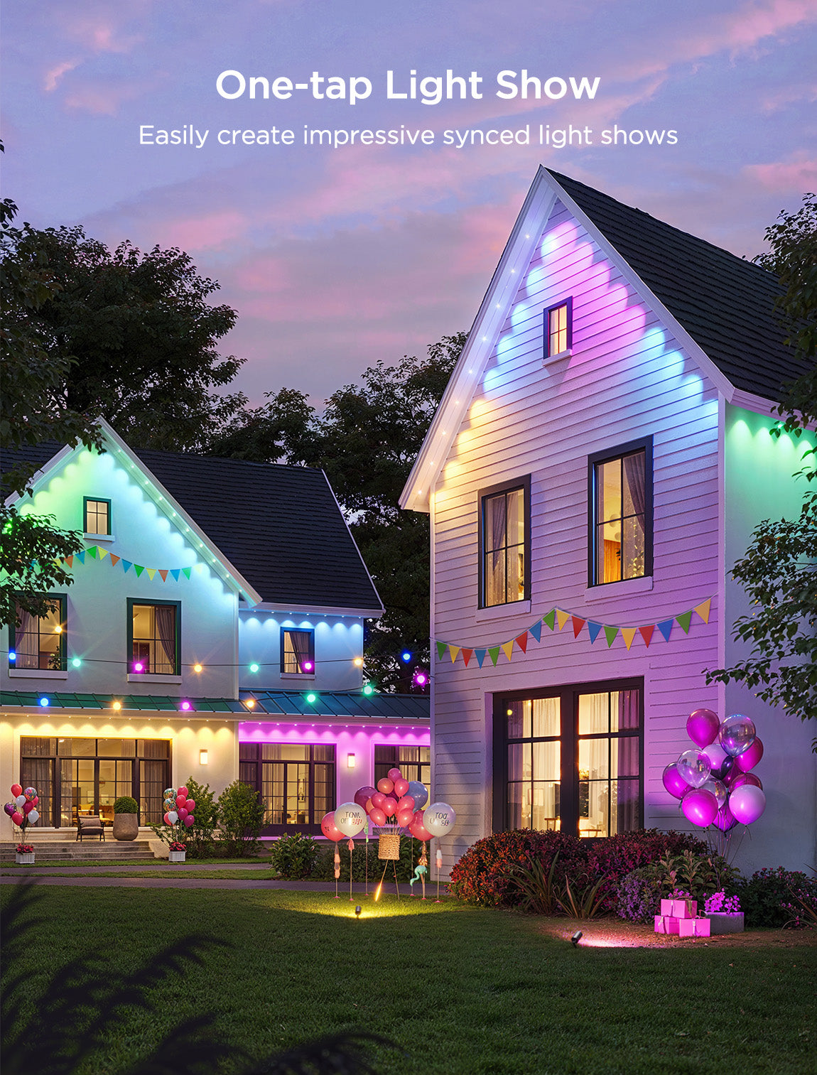 A dazzling array of colorful permanent outdoor lights creating a captivating light show for the holiday season.