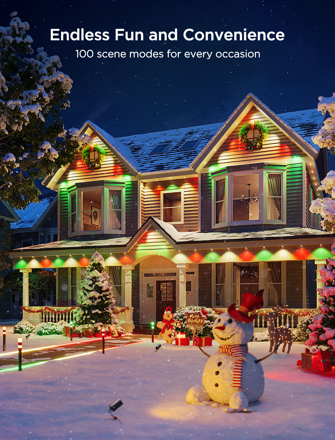 A two-story house is decorated with colorful permanent outdoor Christmas lights and ornaments.