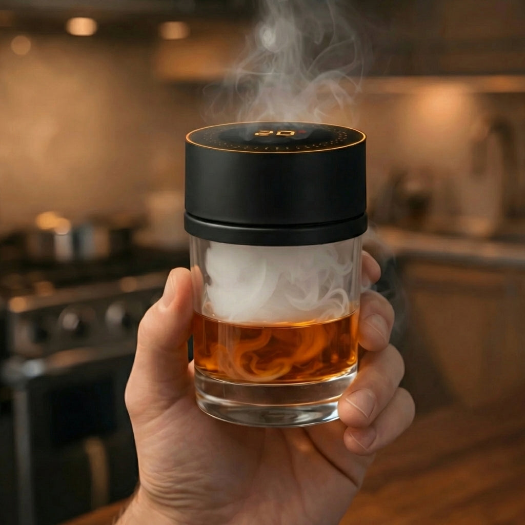 Cocktail smoker held over a glass