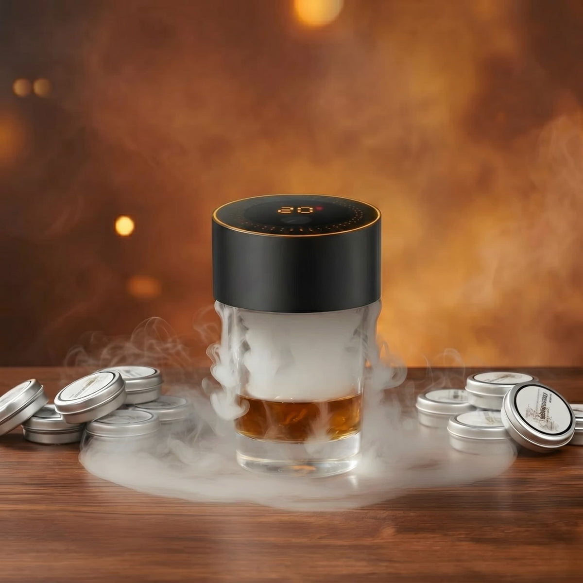 Torch-free cocktail smoker on a whiskey glass