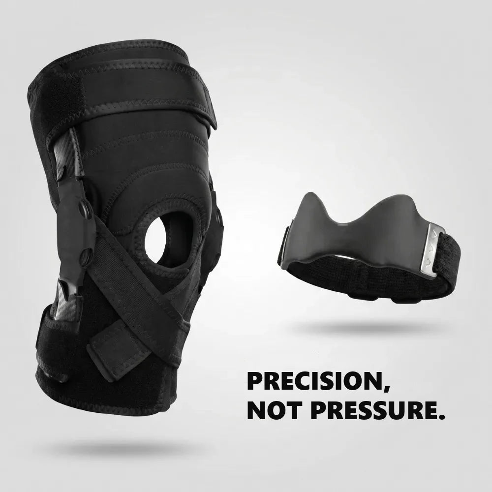 Patellar strap next to a bulky knee brace