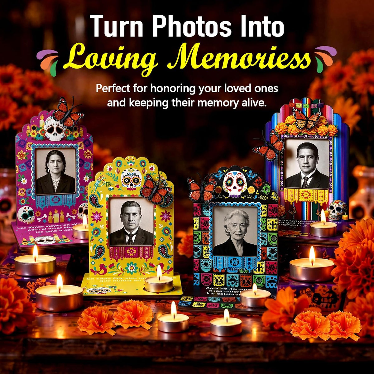 Día de los Muertos Complete Ofrenda Altar Kit – 10 Wooden Photo Frames with Marigolds & Accent Decor